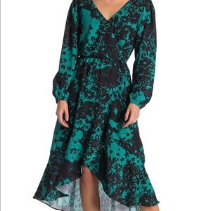 Socialite | green black floral wrap ruffle dress